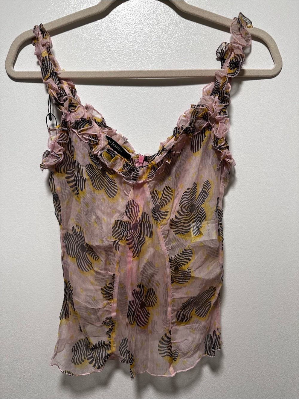 Tara Jarmon 100% Silk Pink Floral Ruffle-Trim Top